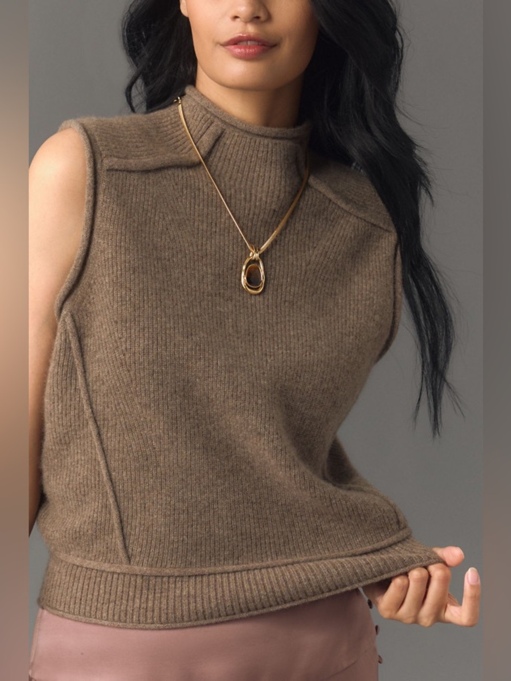 Anthropologie Pilcro Mock-Neck Cashmere Pullover Sweater Vest in Taupe -XS